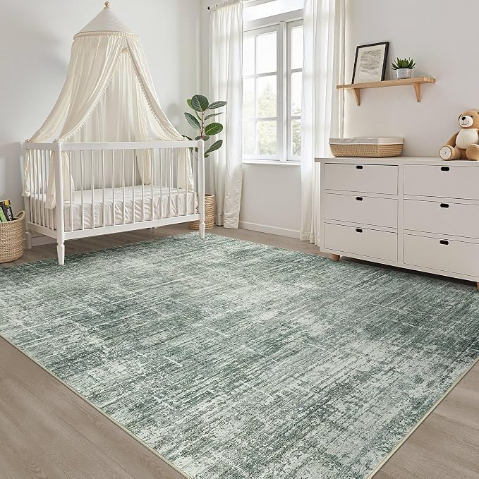 7x9 Area Rug Living Room: Washable Large Neutral Rugs Abstract Soft Modern Stain Resistant Indoor Floor Non-Slip Carpet for Bedroom Nursery Kids Office Playroom Dining Room Under Table- Dark Green
