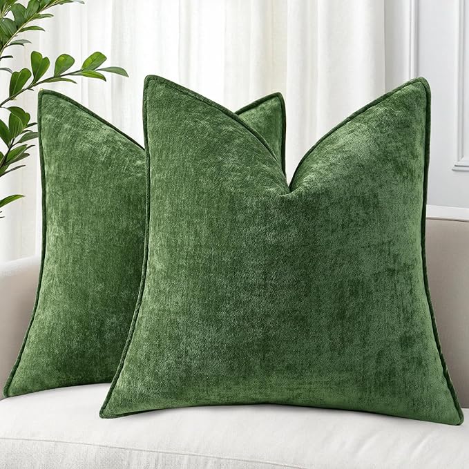 decorUhome Summer Couch Euro Sham Throw Pillow Covers 26x26 Set of 2, Decorative Soft Velvet Modern Cozy Chenille Pillow Cases with Elegant Design for Sofa Bed Living Room Home Decor, Moss Green
