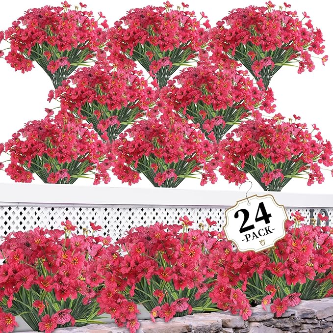 ColoPlay 24 Rose Red Bundles Artificial Flowers for Outdoors/Indoors Fake Flowers Plants for Indoor Outside Garden Porch Window Box Home Wedding Farmhouse