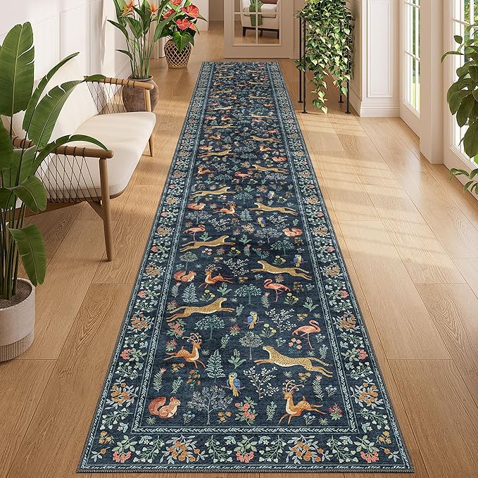 DUKINO 2x12 Washable Runner Rug, Ultra Soft Vintage Animal Runner Rug for Hallway, Lightweight Non Slip & Non Shedding Loog Carpet for Kitchen, Laundry Room, Bathroom, Bedroom, Entrance, Navy Blue