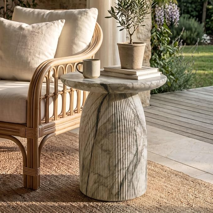 24/7 Shop at Home Ranera Modern 17-inch Natural Stone Side Table with Round Pedestal Base, Marble Nightstand, Fluted Patio End Table, for Living Room, Covered Outdoor Spaces, Ivory Gray Marble
