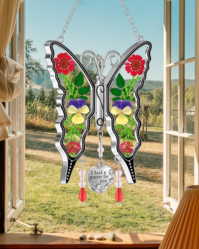 KY&BOSAM Butterfly Suncatcher for Window Hanging I Said a Prayer for You Stained Glass Catchers Real Flower Hangings Wind Chimes Home Decor Gifts for Women Mothers Day Birthday Thanksgiving Christmas