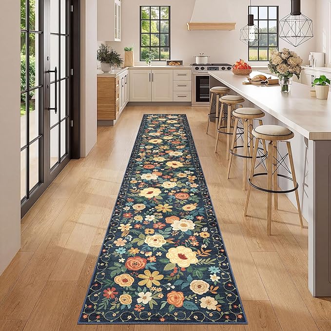DUKINO Washable Runner Rug 2x12, Ultra Soft Floral Runner Rug for Hallway, Boho Non Slip & Non Shedding Indoor Entryway Carpet for Kitchen, Laundry Room, Bathroom, Bedroom, Entrance, Navy Blue