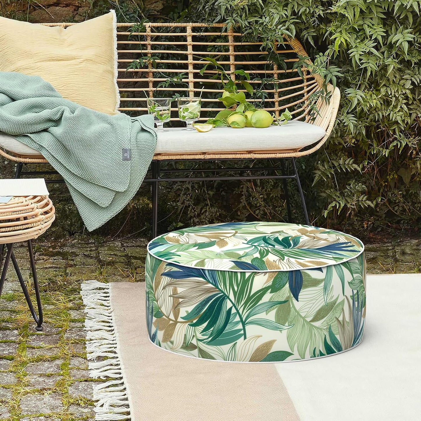 LVTXIII Inflatable Stool Ottoman Footrest with Handle, Decorative Fade-Resistant Foot Stool, Indoor or Outdoor Pouf for Home Garden and Camping Use, D21 x W 21 x H9, Lush Leaf Green