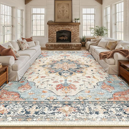 RELEANY Area Rugs 10'x12' Washable Non-Slip, Floral Vintage Distress Print Pattern Medallion Carpet for Living Room Bedroom Dining Room, Beige Navy Blue Orange Colorful