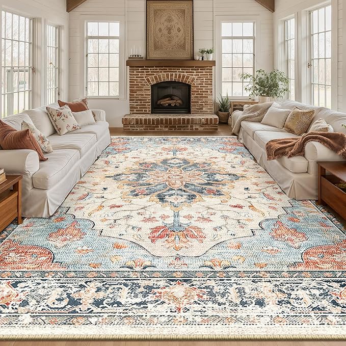 RELEANY Area Rugs 10'x14' Washable Non-Slip, Floral Vintage Distress Print Pattern Medallion Carpet for Living Room Bedroom Dining Room, Beige Navy Blue Orange Colorful