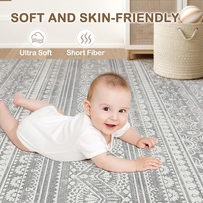 Tortania Area Rug Living Room Rugs - 6x9 Washable Large Soft Neutral Boho Moroccan Bohemian Farmhouse Rug Indoor Floor Carpet for Bedroom Under Dining Table Home Office Decor - Neutral Grey