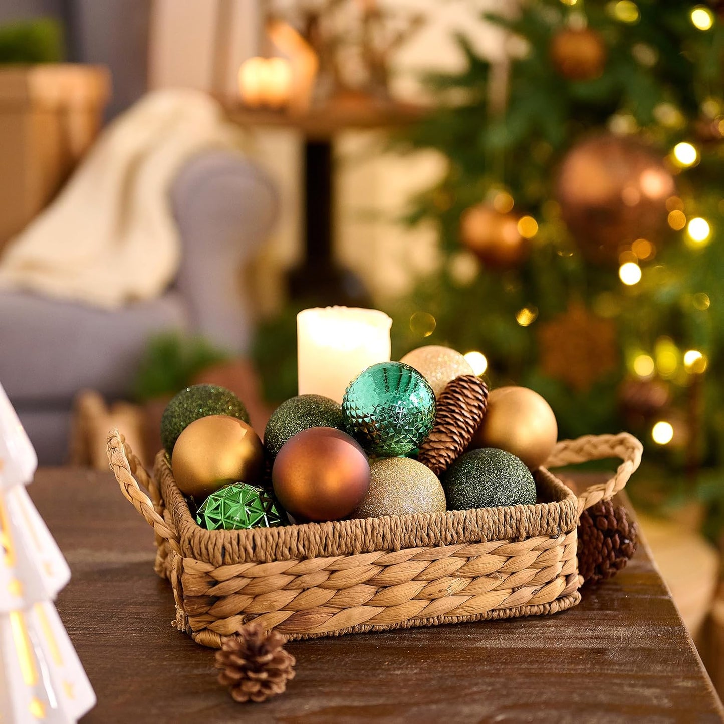 Valery Madelyn Christmas Tree Decorations Ornament Set for Fall Halloween, 50ct 2.36 Inches Green Brown and Gold Shatterproof Christmas Ball Ornaments Hanging Xmas Holiday Party Decor