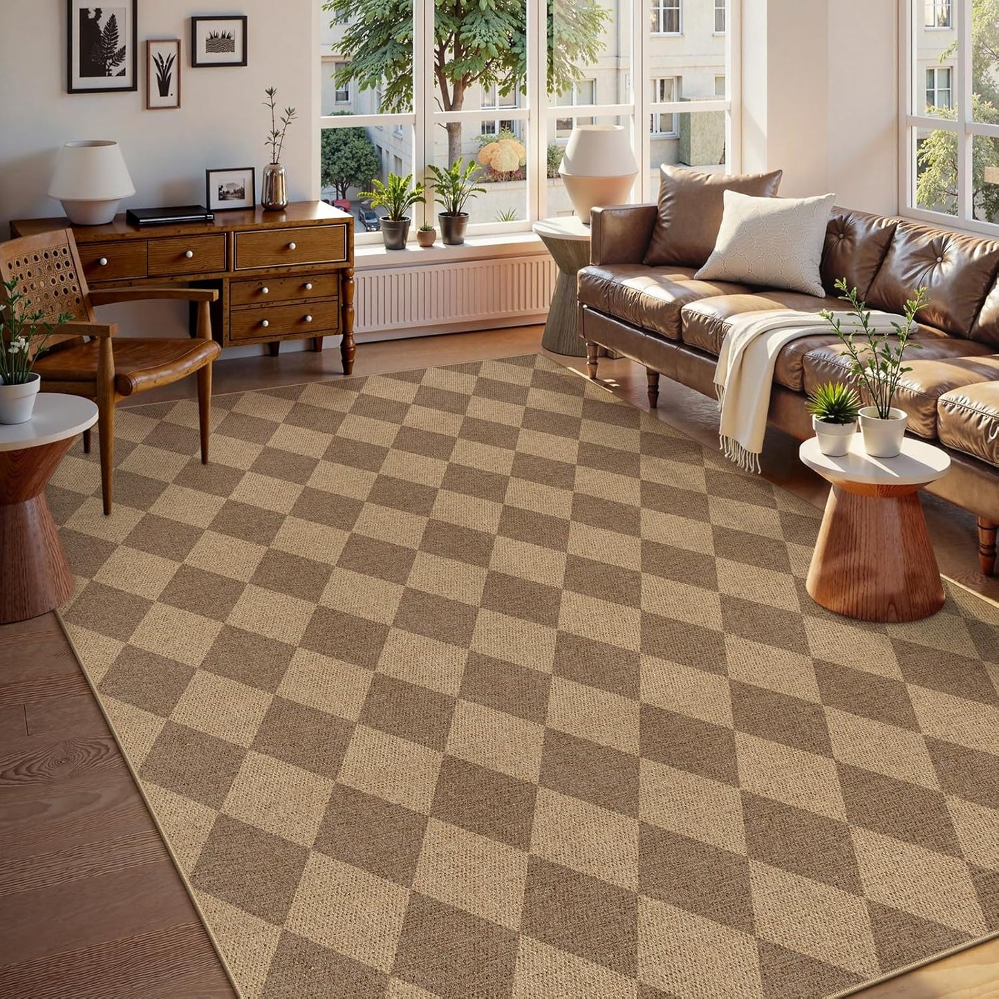 Lahome Checkered Easy Jute Rug 8x10, Washable Rugs for Living Room Dining Room Farmhouse Indoor Outdoor Mat, Neutral Checkerboard Non Slip Black Carpet for Office Backyard Patio