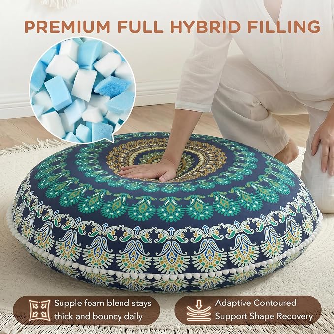 Codi Meditation Floor Pillow, Round Large Pillows Seating for Adults, Bohemian Mandala Circle Cushion for Outdoor Fireplace Yoga Living Room, 32 Inch, Memory Foam Added, Green