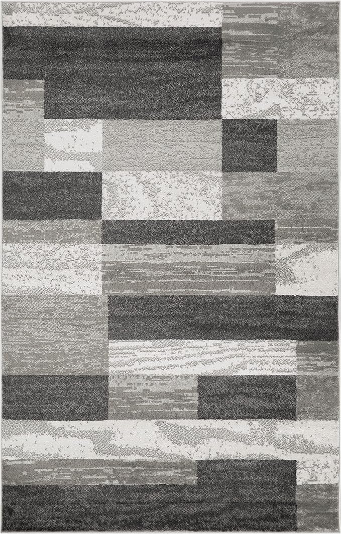 Superior Indoor Area Rug, Jute Backed, Modern Geometric Patchwork Floor Decor for Bedroom, Office, Living Room, Entryway, Hardwood Floors, Rockwood Collection, 3' x 5', Charcoal