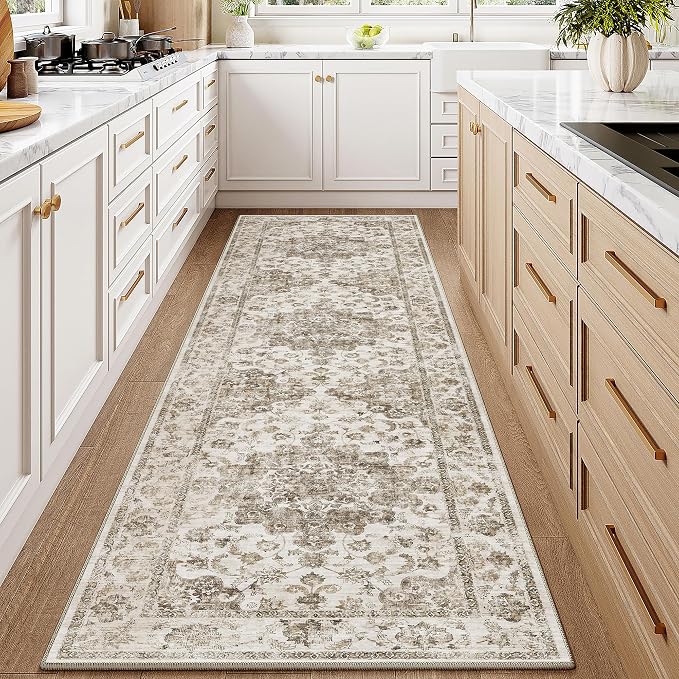 2x8 Washable Neutral Runner Rug Brown Vintage Hallway Kitchen Carpet Non-Slip Soft Low Pile Farmhouse Throw Rug for Bedroom Bathroom Laundry Living Room
