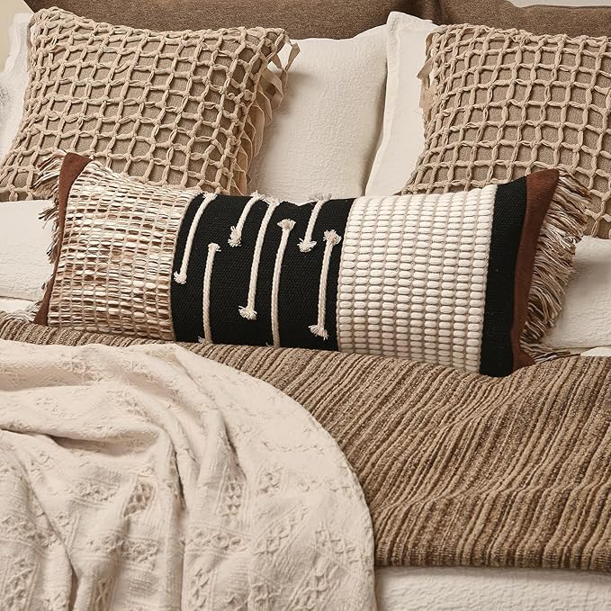 Boho Body Pillow Cover 12x28 Inches, Handwoven Cotton Linen Lumbar Pillow Cover with Tassels, Farmhouse Decorative Cushion Case for Bed Sofa (Black Brown)