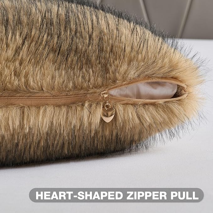 FUTEI Pack of 2 Faux Raccoon Fur Plush Throw Pillow Covers 18x18 Inch Soft Fluffy Farmhouse Decorative Cushion Case Modern Luxury Accent for Couch Bed Living Room, Tawny