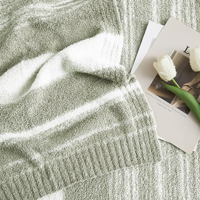 WRENSONGE Soft Twin Blanket for Bed-Cozy Warm Reversible Knitted Blankets | Lightweight Fluffy Decor for Women, Mom, Her & Girls, Sofa, Chair, Couch, 60x80in,Sage Green Stripe