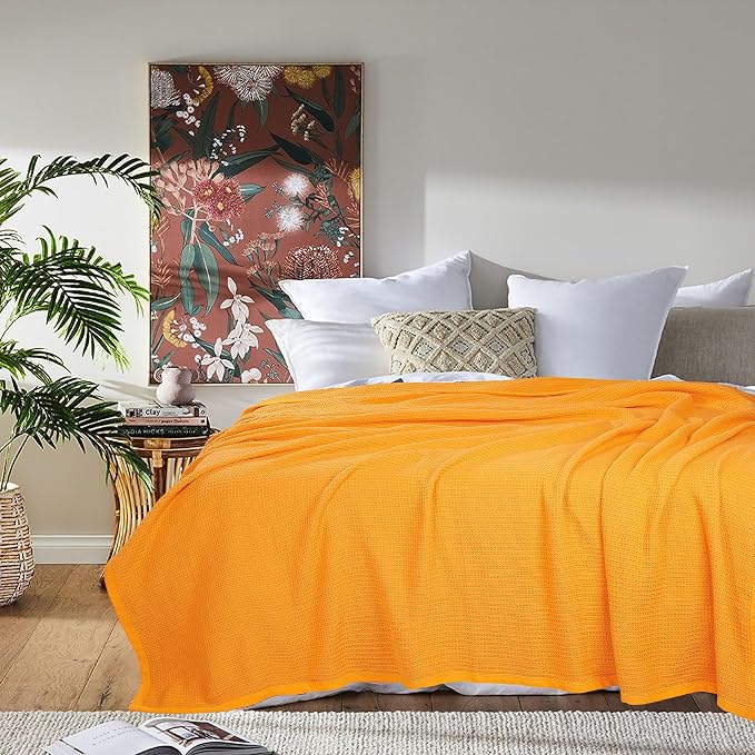 TreeWool Premium 100% Cotton Waffle Summer King Blanket (90"x108", Mustard) | 420 GSM Breathable Lightweight Moisture Wicking Soft Knit Thermal Blanket for Bed or Sofa All-season Comfort Machine Washable