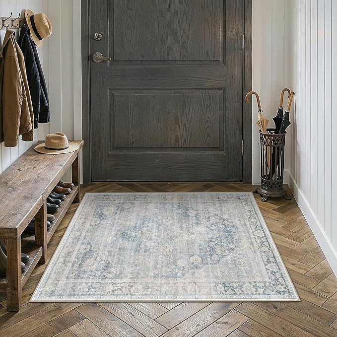 2x3 Washable Neutral Area Rug Blue Vintage Entryway Kitchen Carpet Non-Slip Soft Low Pile Oriental Indoor Small Throw Rug for Bedroom Bathroom Entrance