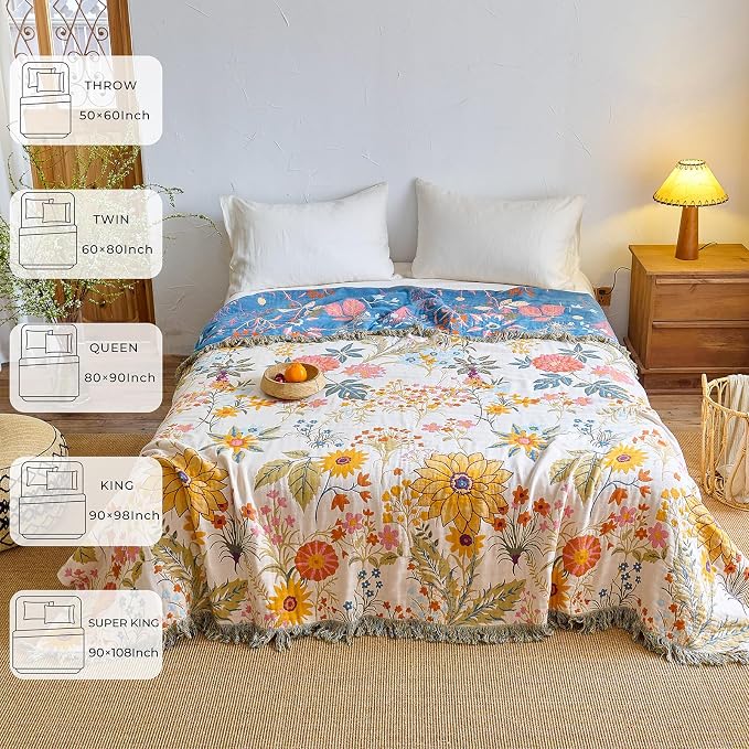 Boho Throw Blanket for Home Decor, Soft Throw Rustic Classic Quilt,100% Cotton Muslin Blankets for Adults, Reversible Woven Decorative Summer Blanket for Bed Layering Use, Floral, 50"x60"Gift for Mom