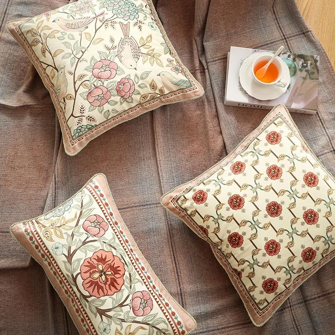 patdrea Designer French Velvet Throw Pillow Cover,Set of 4,-Kulom ABCA | Elegant Vintage Lumbar Pillow Case,Pink Floral and Leaves Pattern,Decorative Pillow Cover for Couch Living Room Bedroom