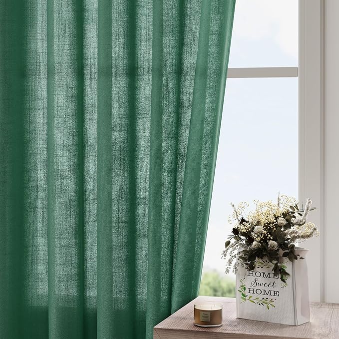 Dark Green Linen Curtains 72 Inch Length for Living Room Sheer Lightweight Door Drapes 2 Panels Set for Kids Bedroom Light Filtering Back Tab Rod Pocket Curtain for Kitchen Protect Privacy 52x72