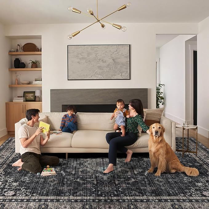 Ruaruarug Washable Area Rug 8x10 for Living Room, Bedroom, Ultra Soft Non Slip Stain & Fade Resistant, Pet & Kids Friendly, Suitable for High Traffic Areas Easy to Clean for Office Kitchen, Black Gray