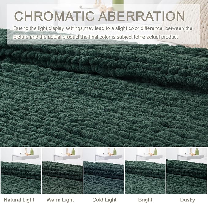 Chunky Knit Throw Blanket 50x60, 100% Handmade Chenille Yarn | 4.4lbs Soft Thick Cable Knitted Blankets, Large Rope Knot Crochet Throws for Couch Sofa Bed Christmas Fall Decor, Dark Green