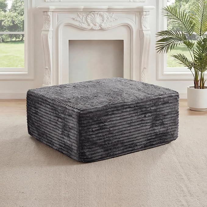 27.56'' Plush Fluffy Corduroy Poofy Ottoman in a Box for Boneless Sofa Couch, Modern Compressed Foot Rest, Small Comfy Rectangle Boneless Pouf Footstool Ottoman for Living Room, Bedroom, Grey
