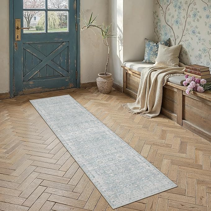 2x8 Blue Washable Neutral Runner Rug for Living Room Distressed Floral Non Slip Low Pile Runner Indoor Vintage Stain Resistant Distressed Carpet Bedroom Hallway Kitchen Bathroom Entryway