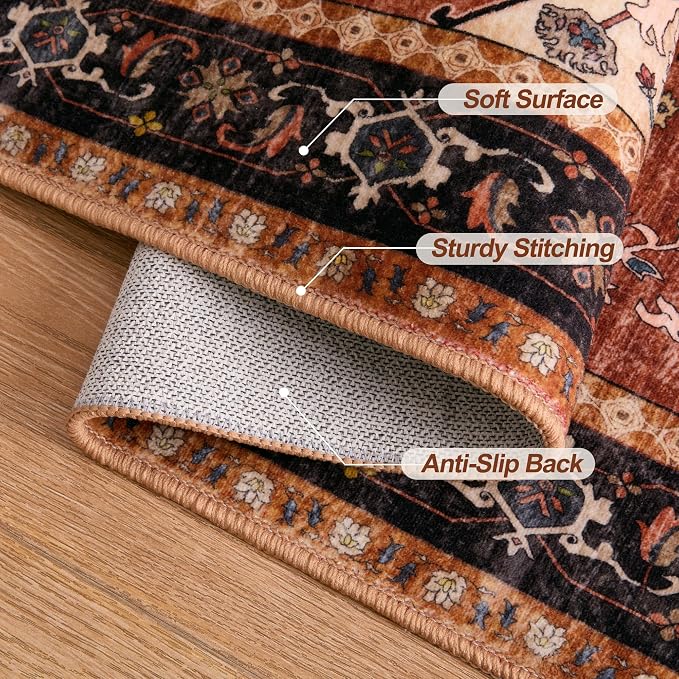Tangsoo Vintage Orange 2X6 Washable Runner Rug for Hallways, Non Slip Hallway Rugs, Oriental Soft Low Pile Long Rug Carpet Runners for Kitchen Bedroom Entryway Bathroom Living Room Home Decor