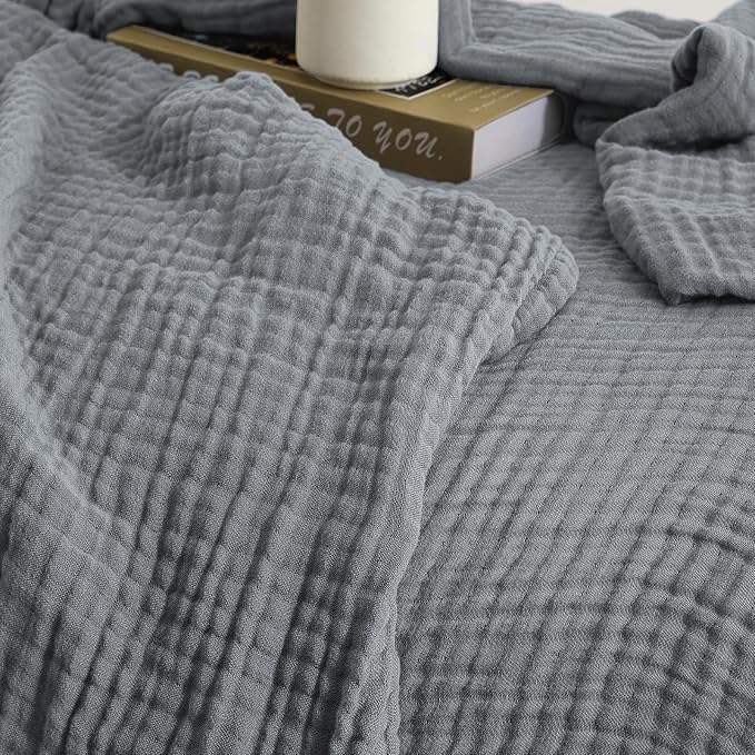 David's Home Soft Muslin Blanket Throw Size for Adults, 60% Rayon 40% Cotton, Breathable Lightweight Cooling Blanket for Hot Sleepers, 4-Layer Cozy Gauze for Bed, 50"x60", Grey