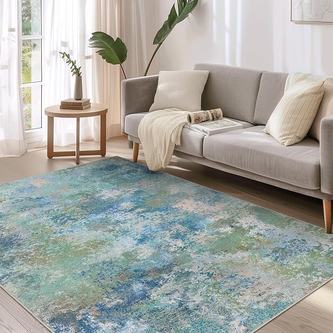 BEIMO Area Rugs 3x5 for Living Room Bedroom, Modern Abstract Machine Washable Rug, Large Soft Low Pile Floor Carpet with Non Slip Backing for Dining Room, Blue Green