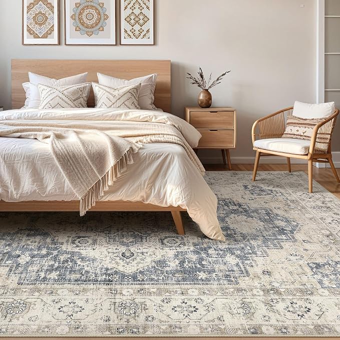 7x9 Area Rug Living Room: Washable Boho Large Neutral Vintage Soft Rug Stain Resistant Distressed Farmhouse Non-Slip Indoor Floor Carpet for Bedroom Nursery Kids Office Dining Room- Brown Blue
