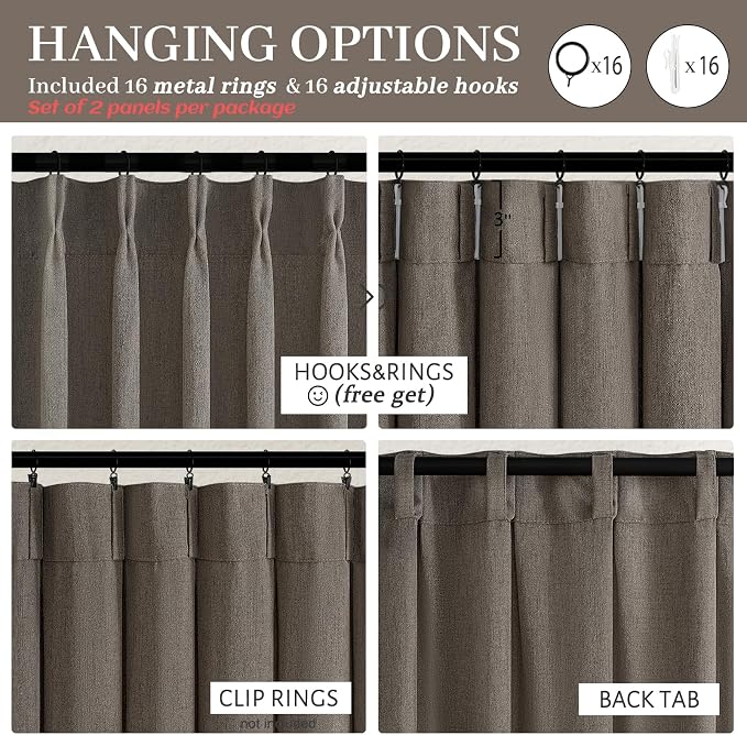 Chocolate Tart Pinch Pleat 90 Inch Bedroom Curtains 2 Panels Set, Memory Shape Natural Linen Semi Sheer Light Filtering Privacy Heavy Windows Drapes Country Dining Room Viral Curtain with Hooks Rings