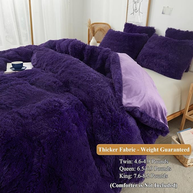 XeGe Plush Shaggy Duvet Cover Set, Luxury Ultra Soft Crystal Velvet Fluffy Furry Bed Set 2 Pieces(1 Faux Fur Fuzzy Comforter Cover + 1 Faux Fur Throw Pillow Case), Zipper Closure (Twin, Purple)