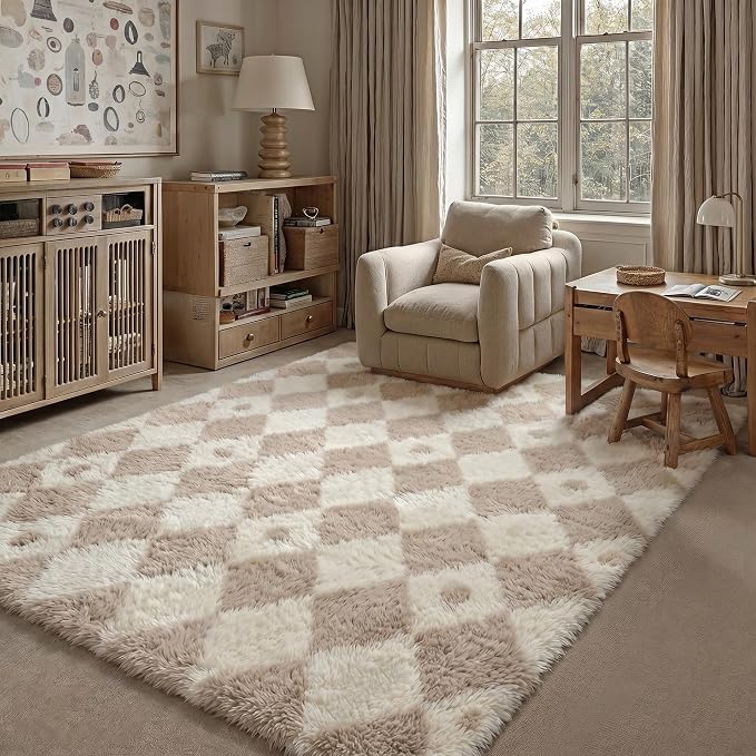 PureCozy Checkered Rug 5x8 Fluffy Shag Living Room Beige Area Rug Modern Washable Carpet Soft Shaggy Non Slip Indoor Plush Fuzzy Rugs for Bedroom Dorm Office Home Aesthetic Decor