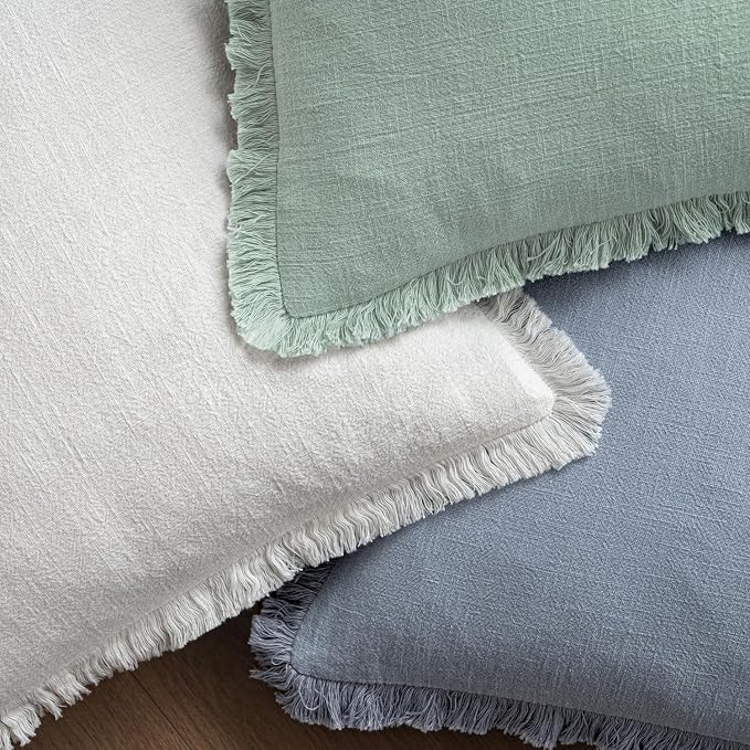 MIULEE Decorative Throw Pillow Covers Neutral Linen Fringe Throw Pillows Euro Shams Set of 2 Light Blue Boho Farmhouse Cushion Covers for Couch Sofa Bed Living Room Spring Home Decor 22x22 Inch