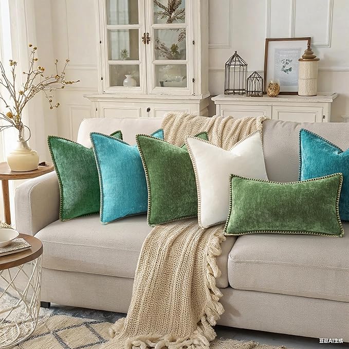 decorUhome Chenille Soft Cozy Throw Pillow Covers 12x20 Set of 2, Modern Farmhouse Boho Velvet Decorative Pillow Cases with Stitched Edge for Couch Sofa Bed Home Decor, Forest Green