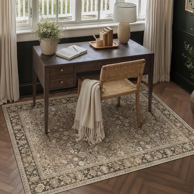 HUGEAR 3x5 Machine Washable Rugs Brown Hallway Area Rug Indoor Accent Rug Floral Low Pile Carpet Soft Throw Rug Bedroom Living Room Office Dining Room Kitchen Laundry Room Non Slip
