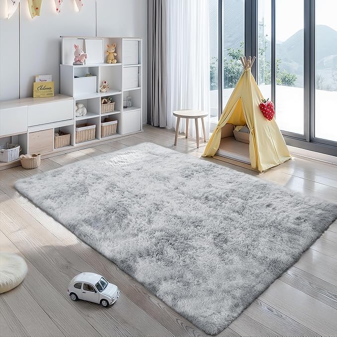 KICHOWUA 5x8 Light Grey Fluffy Shag Area Rug for Bedroom, Soft Plush Fuzzy Washable Non Slip Carpet for Living Room, Modern Cozy Furry Shaggy Large Rug for Kids Baby Boys Nursery Dorm, Tie-Dye Gray