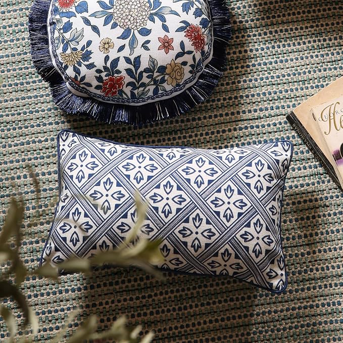 patdrea Designer French Linen Throw Pillow Cover,12"x20",Set of 2-Ivar C | Decorative Pillow Case,Chinoiserie Blue Floral Print Pillow Cover for Couch Living Room Bedroom Sofa
