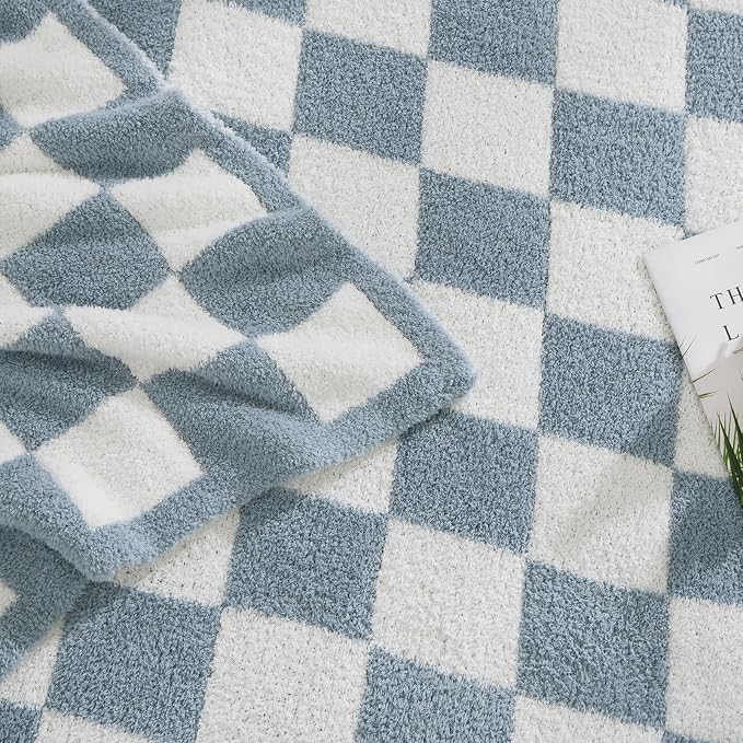 WRENSONGE Soft Checkered Throw Blanket for Couch-Cozy Warm Knitted Blankets | Lightweight Warm Fluffy Decor for Women, Mom, Her & Girls, Sofa, Chair, Bed, 50x70in, Grey Blue