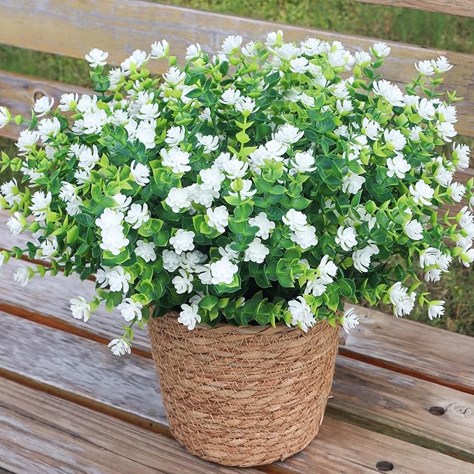 Artificial Flowers for Outdoors, Outdoor Faux Plants, 12 Bundles UV Resistant Realistic, Faux Flowers for Outdoor Planters, Spring Summer Home Garden Decoration, White