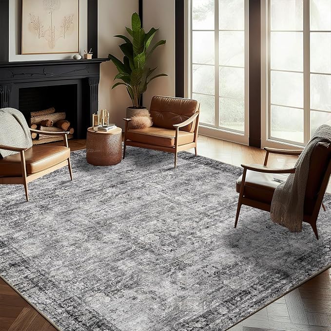 CHAMPLANT Washable Area Rug 9'x12' Retro Boho Design Non-Shedding Easy Care Ideal for High Traffic Areas in Living Room Bedroom Office Coffee Table Kitchen Large Carpet