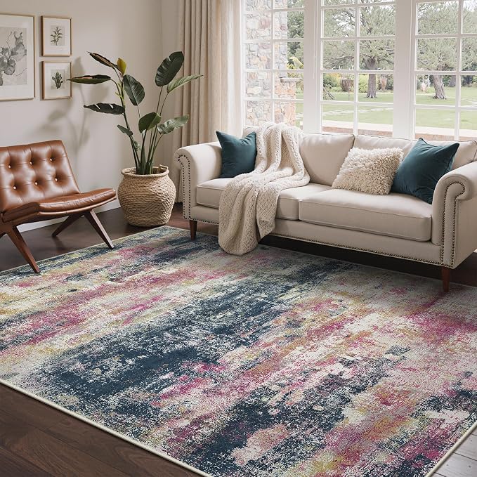 BEIMO Area Rugs 6x9 for Living Room Bedroom, Modern Abstract Machine Washable Rug, Large Soft Low Pile Floor Carpet with Non Slip Backing for Dining Room, Navy/Pink