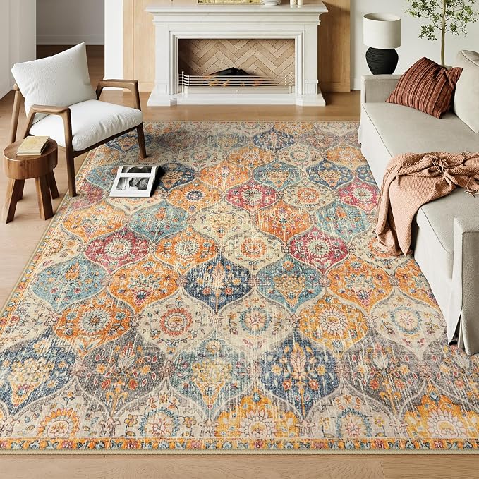 Lahome Moroccan Washable Area Rugs 9x12 Living Room, Soft 9x12 Area Rug for Bedroom, Oriental Non-Slip Non Shedding Throw Large Carpet for Dining Room Office Elise, Cream/Multi
