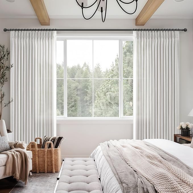 Beige White Light Filtering 60 Inch Wide Curtains 108 Inches Extra Long for Dining Room, Memory Shape Pinch Pleat Privacy Semi Sheer Natural Linen Farmhouse Viral Window Drapes 9 FT Length 2 Panel Set