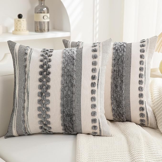 Boho Throw Pillow Covers 18x18 Set of 2 for Couch-Modern Farmhouse Sofa Decorative Grey Throw Pillows Covers Textured Chenille Cushion Covers Outdoor Netural Bohemian Pillow Cases Square