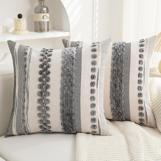 Boho Throw Pillow Covers 18x18 Set of 2 for Couch-Modern Farmhouse Sofa Decorative Grey Throw Pillows Covers Textured Chenille Cushion Covers Outdoor Netural Bohemian Pillow Cases Square