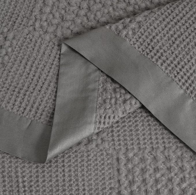 meadow park Cotton Waffle Blanket with Sateen Binding - King Size - Lightweight and Breathable - Charcoal Color