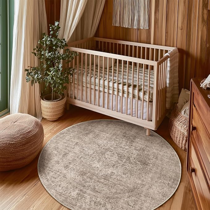 Machine Washable Rugs for Living Room: 4x4 Area Rugs for Bedroom Ultra Soft Non-Slip Low Pile Vintage Distress Boho Large Carpet for High-Traffic Dining Room - Farmhouse Decor